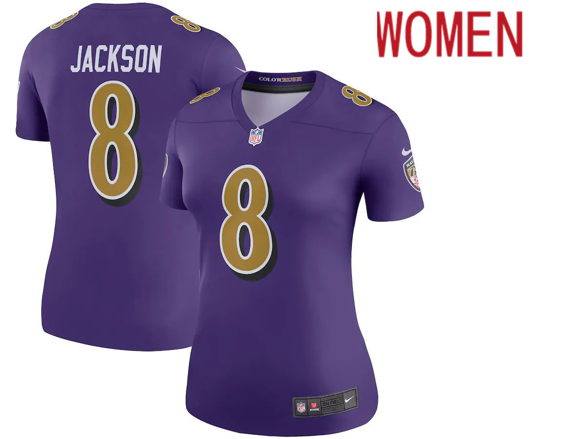 Women Baltimore Ravens #8 Lamar Jackson Nike Purple Color Rush Legend Player NFL Jersey